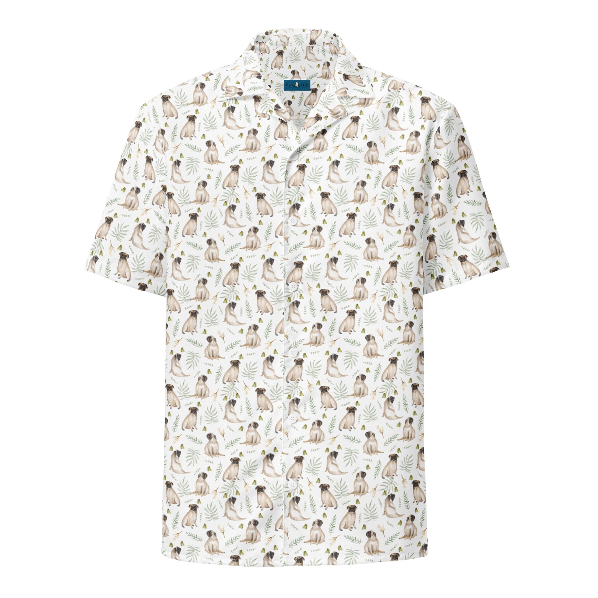 NEW! White Watercolor Pug Aloha Shirt in Recycled Polyester