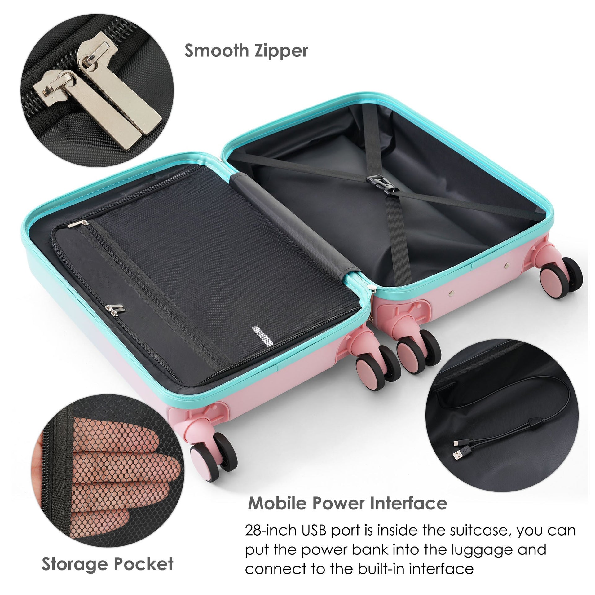 Luggage Set of 3, 20, 24, 28inch with USB Port, 20, 24inch with front opening design Airline Certified Carry on Luggage with Cup Holder, ABS+PC Hard Shell Luggage with Spinner Wheels, light blue