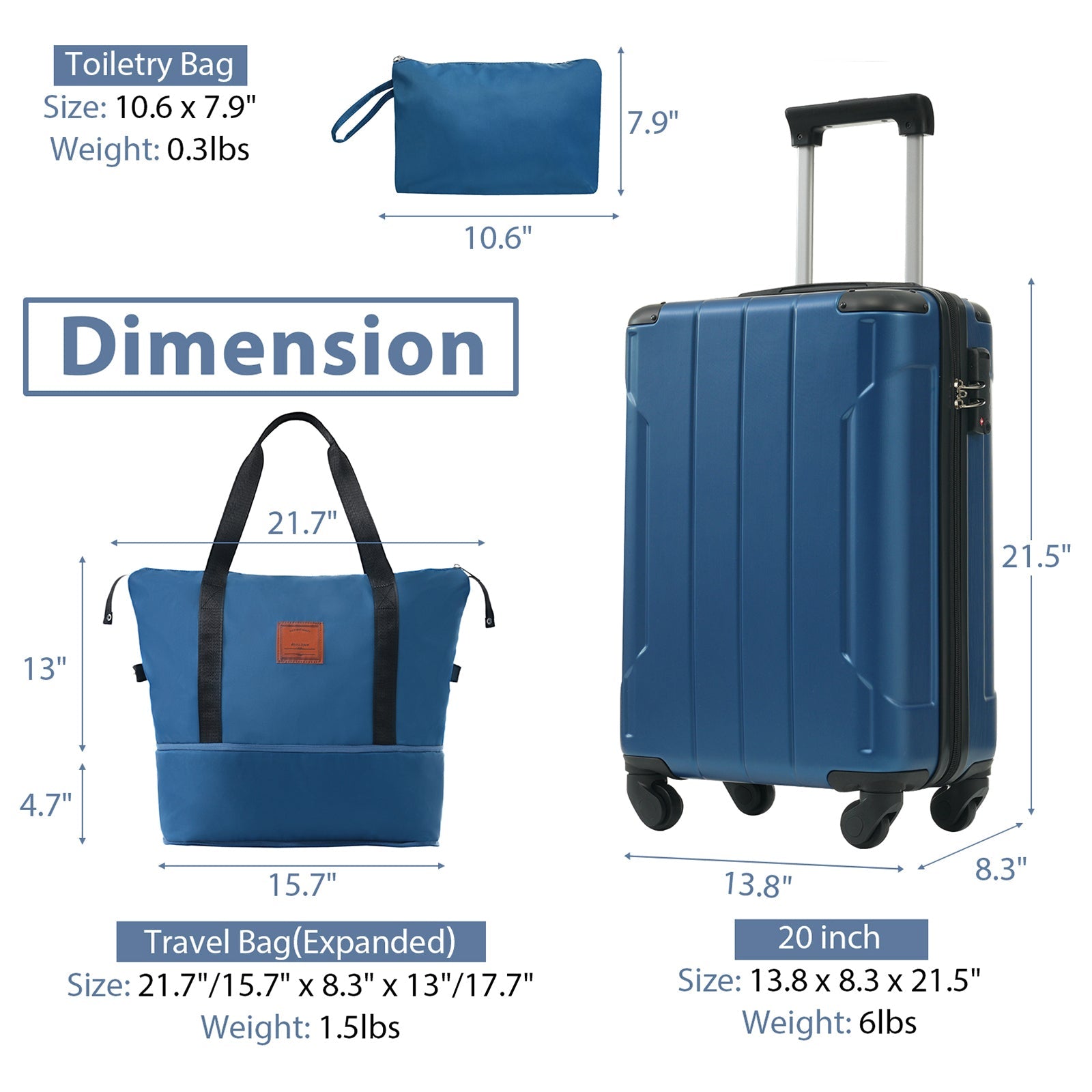 Hardshell Luggage Sets 3 Piece Carry-on Suitcases with Wheels, TSA Lock for Men Women, Blue (20in)