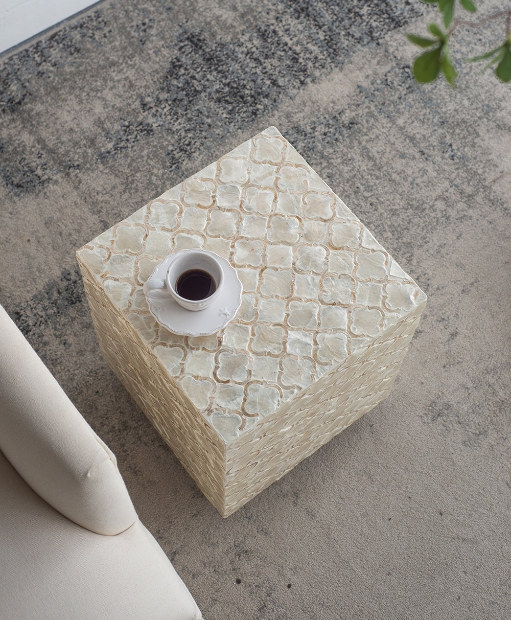 14x14x18' Square Capiz Stool, Cream
