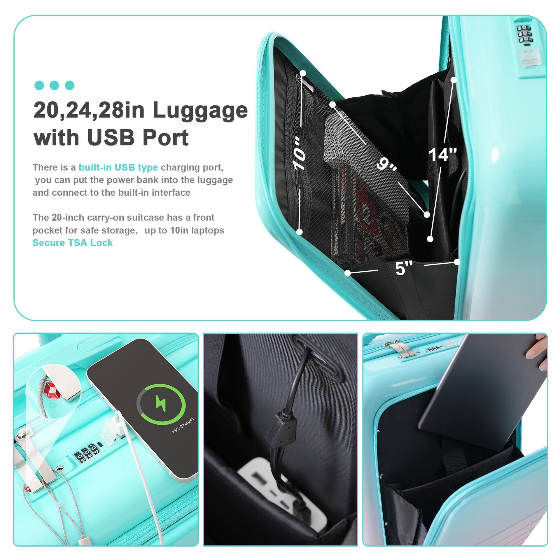 Luggage Set of 3, 20, 24, 28inch with USB Port, 20, 24inch with front opening design Airline Certified Carry on Luggage with Cup Holder, ABS+PC Hard Shell Luggage with Spinner Wheels, light blue
