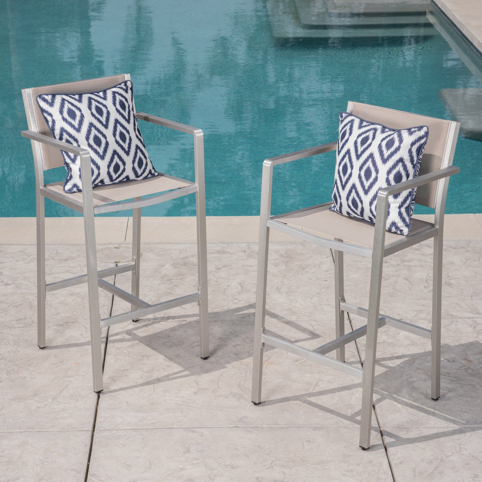 29.5' Outdoor Rust-Proof Aluminum Barstools with Grey Mesh Backrest and Seat, Set of 2