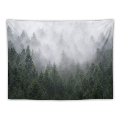 Home Is A Feeling Misty Retro Fall Wilderness Fairytale Evergreen Forest With Trees Covered In Magic Fog Season Tapestry