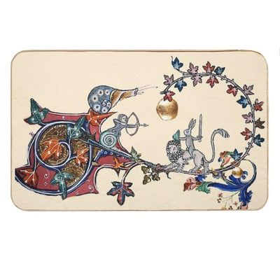 WEIRD MEDIEVAL BESTIARY WAR Between Snails And Killer Rabbit Riding Lion by Bulgan Lumini Bath Mat