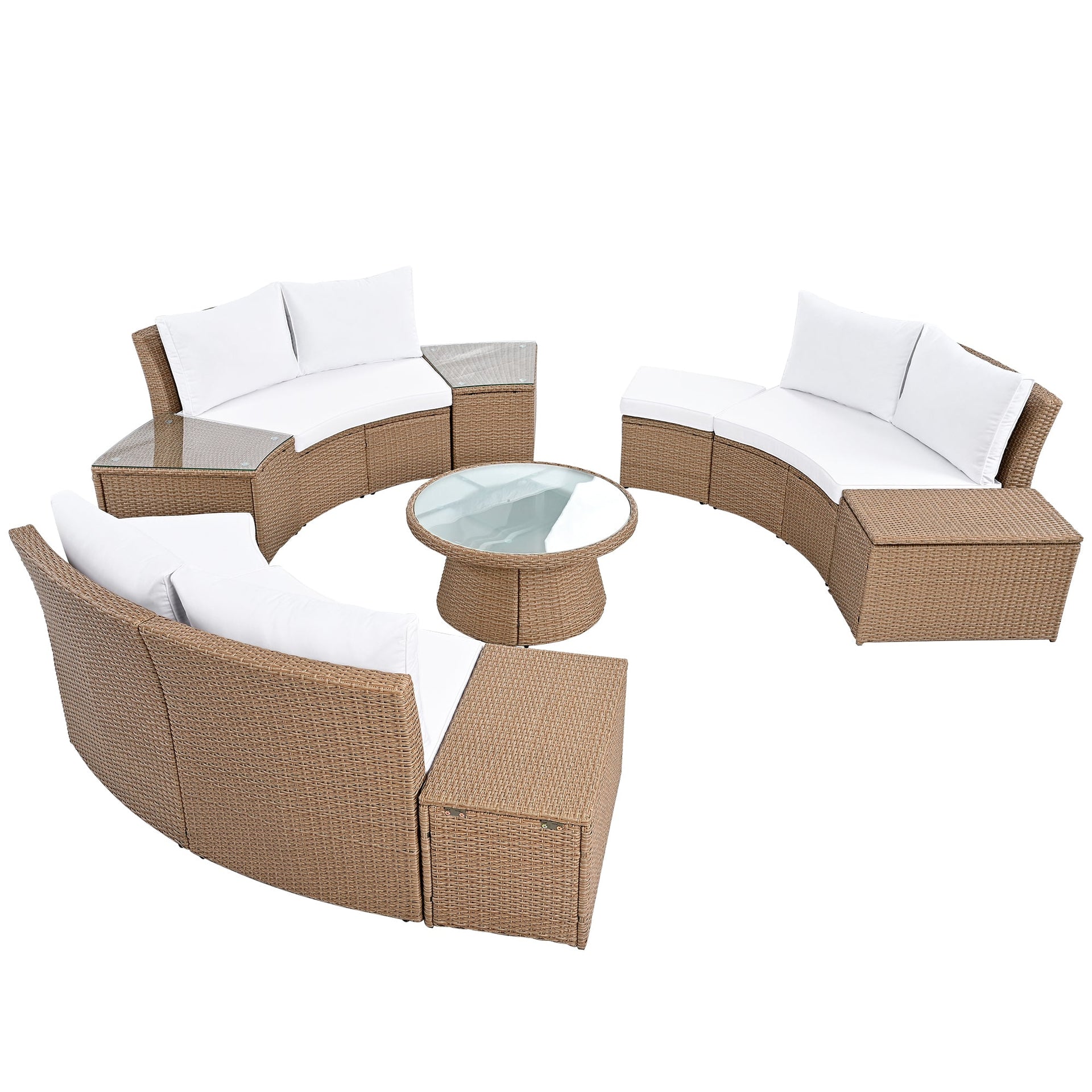 10-Piece Outdoor Sectional Half Round Patio Rattan Sofa Set, PE Wicker Conversation Furniture Set for Free Combination, White