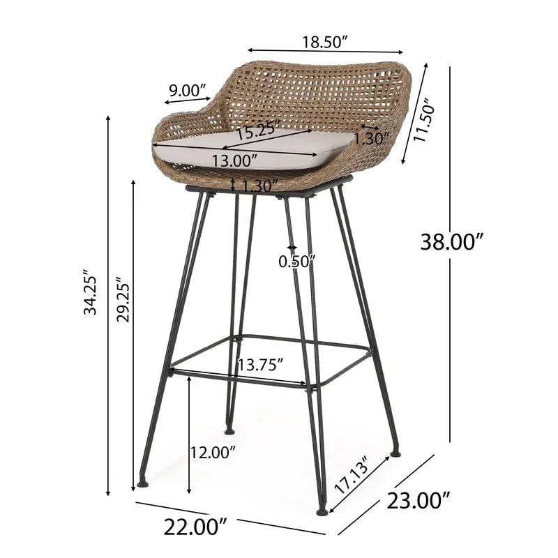 29.25' Outdoor Wicker and Iron Low Back Barstools, Light Brown, with Beige Cushion (Set of 2)