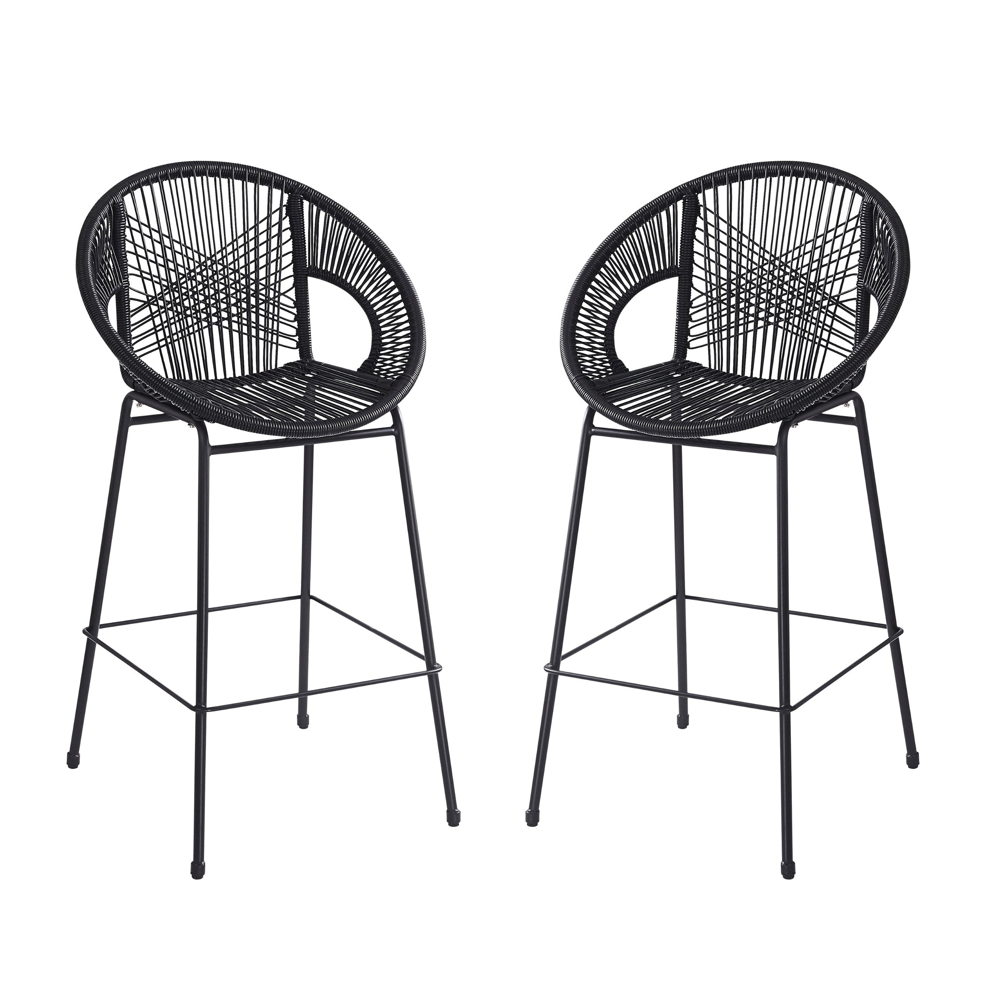 Ferrara Outdoor Patio Barstool Set of 2, Black Faux Wicker PE Rattan with Iron Frame