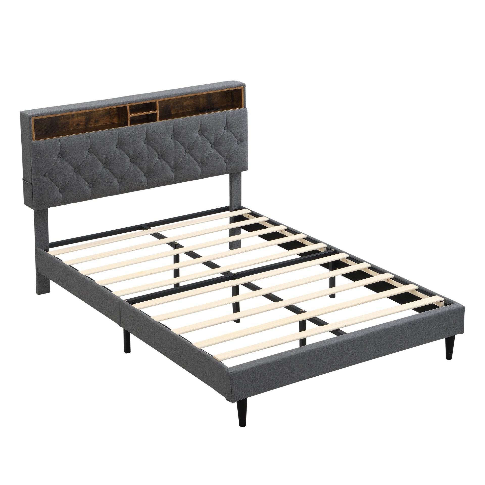 Modern Upholstered King-Size Platform Bed Frame with Button-Tufted Linen Headboard and USB Ports, Dark Grey