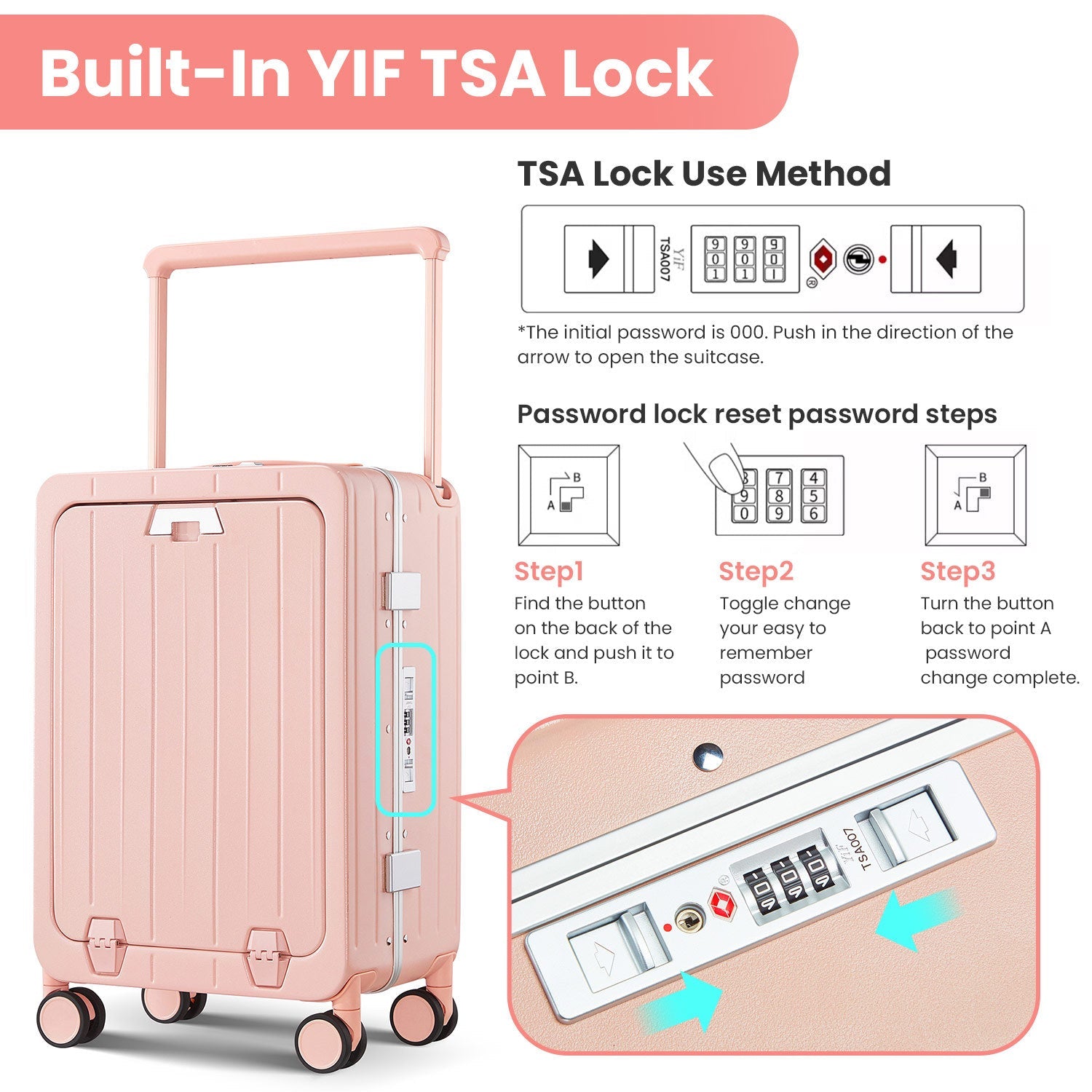 Aluminum Frame 20 Inch with Front Open Carry-on Luggage, PC Hard Shell Suitcase, Bounce Wide Handle Pull Rod Luggage with 360°Double Wheels, Built-In TSA Lock, Airline Approved Suitcase for Business