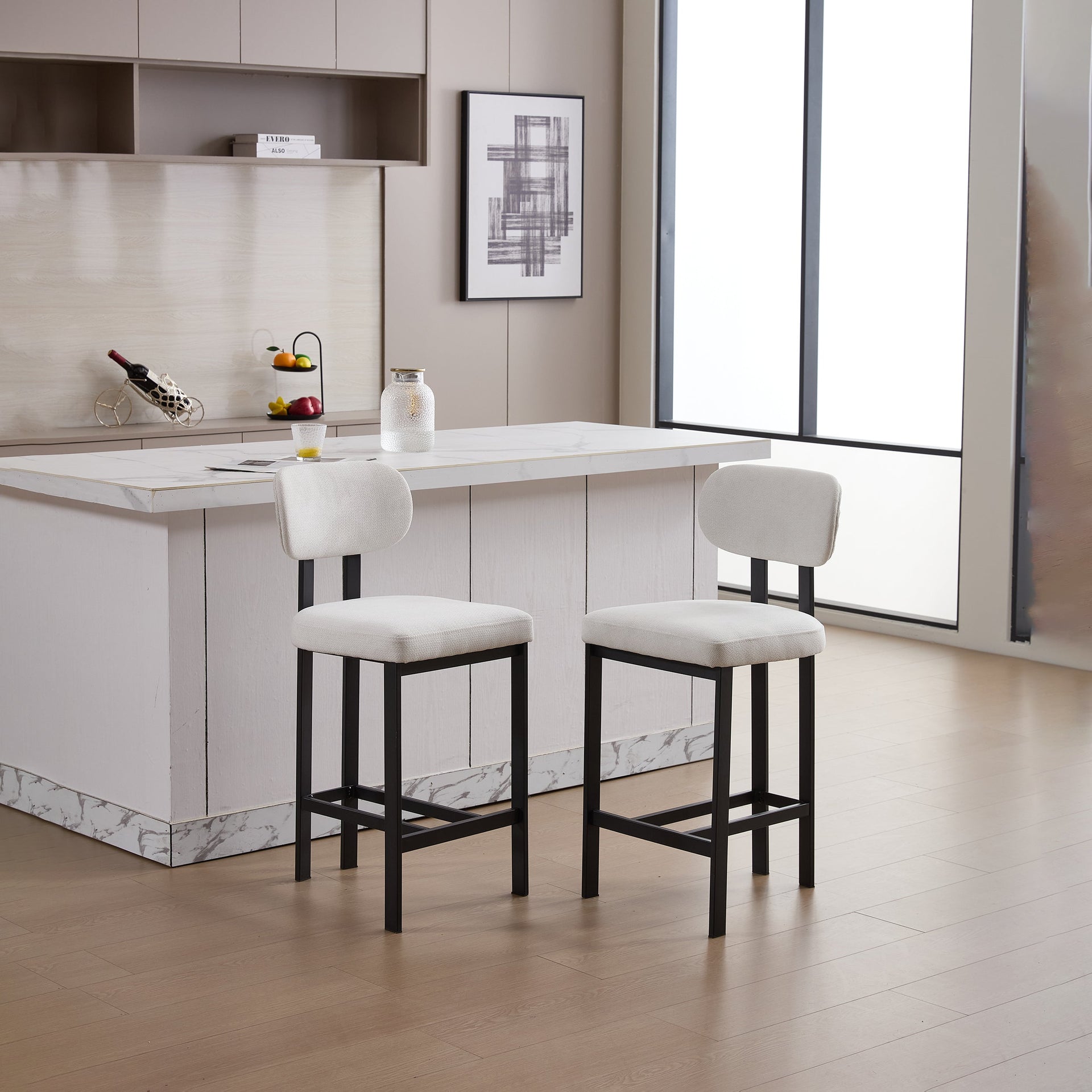 Bar Stools Set of 2, 26 inch Modern Upholstered Fabric Counter Height Barstools, Kitchen Island Chairs with Black Metal Legs for Dining Room/Kitchen Island/Bar