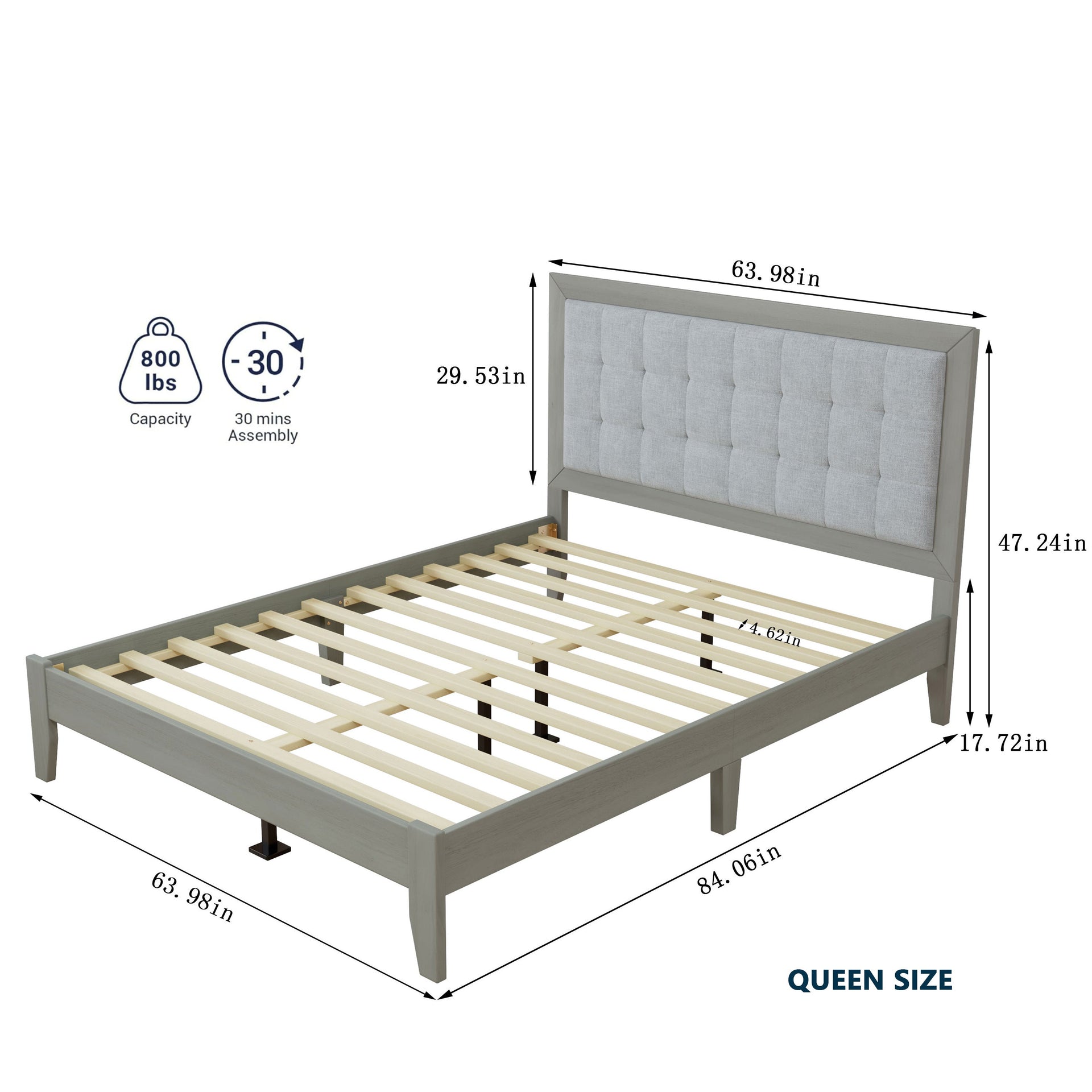 Mid-Century Modern Solid Wood Platform Bed with Upholstered Headboard in Grey, Rubber Wood, Queen Size