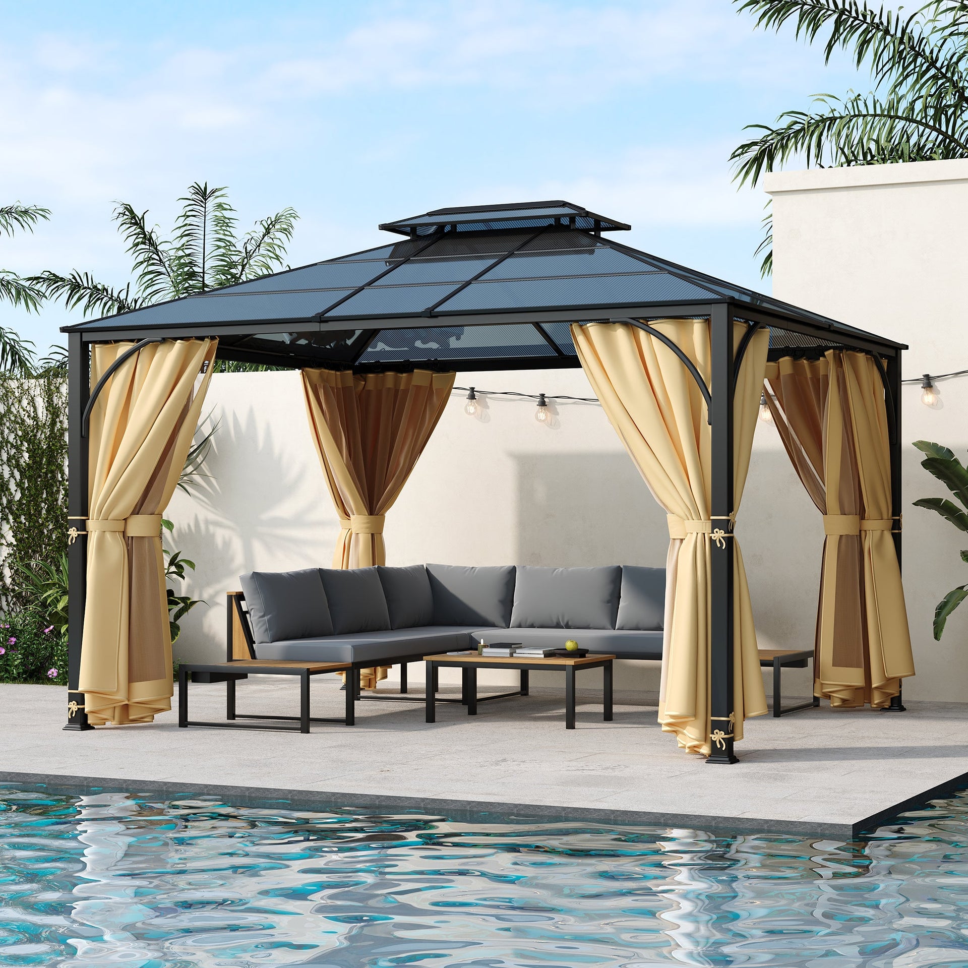 TREXM 10'x12' Hardtop Outdoor Gazebo, Heavy Duty Double Roof Patio Gazebo with Aluminum Frame, Double-Layer Side Walls Mosquito Netting & Privacy Curtains for Patio, Garden, Backyard (Beige)