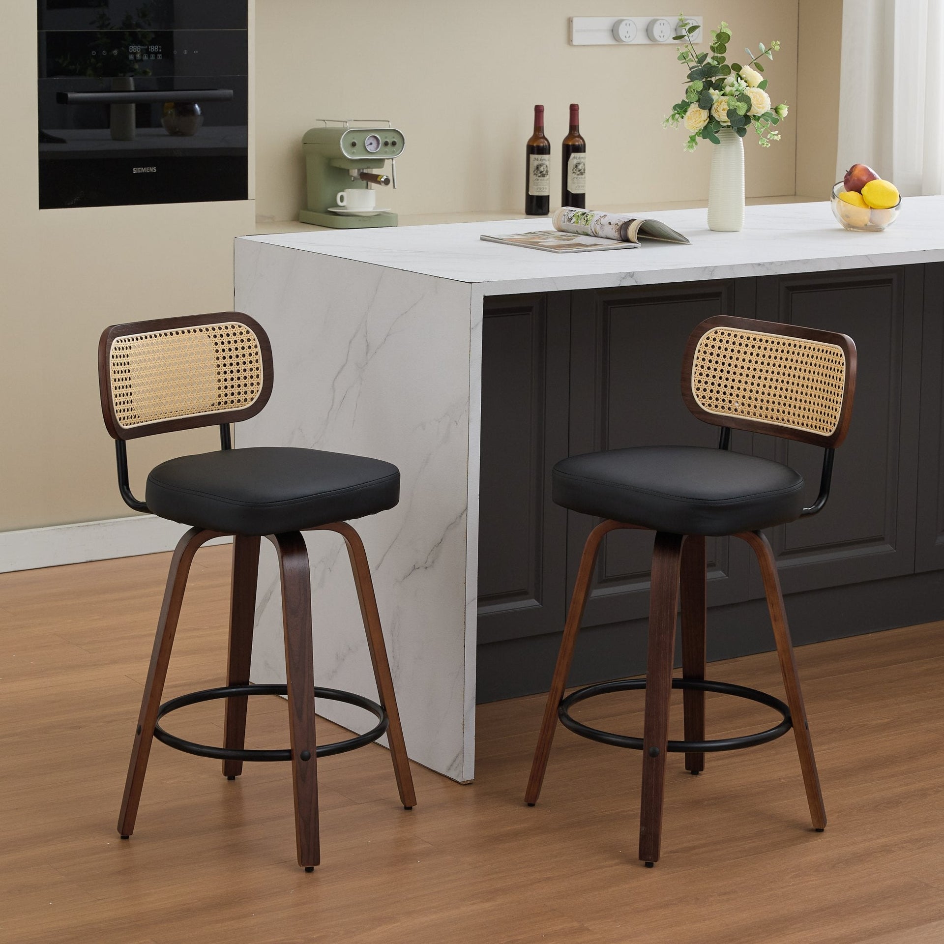 Set of 2 Counter Height Bar Stools - 26 inch Rattan Counter Height Stools with Cane Back, Upholstered Seat, Walnut Craftsmanship, Swivel Counter Stools for Island/Kitchen/Counter/Bar (Walnut Black)