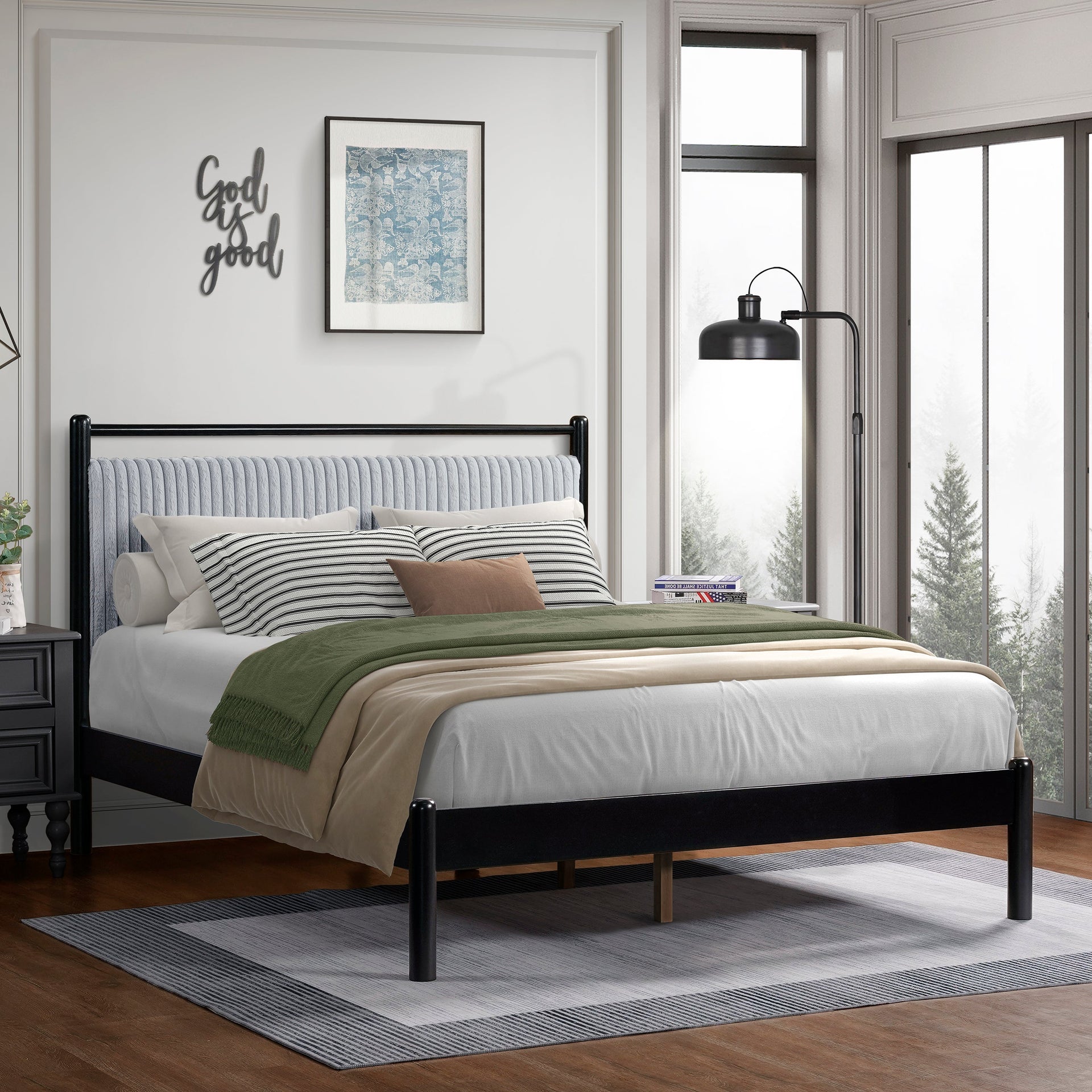 Queen Wood Bed Frame with Fluffy Soft Headboard
