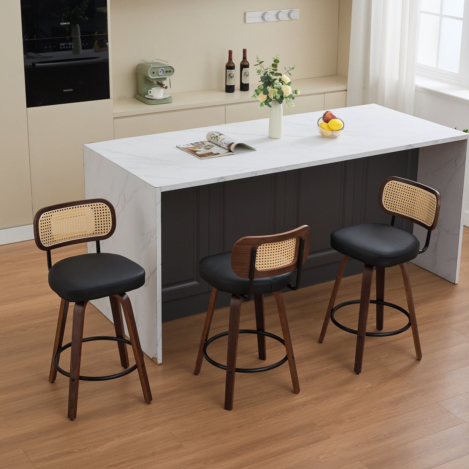 Set of 3 Counter Height Bar Stools - 26 inch Rattan Counter Height Stools with Cane Back, Upholstered Seat, Walnut Craftsmanship, Swivel Counter Stools for Island/Kitchen/Counter/Bar (Walnut /Black)