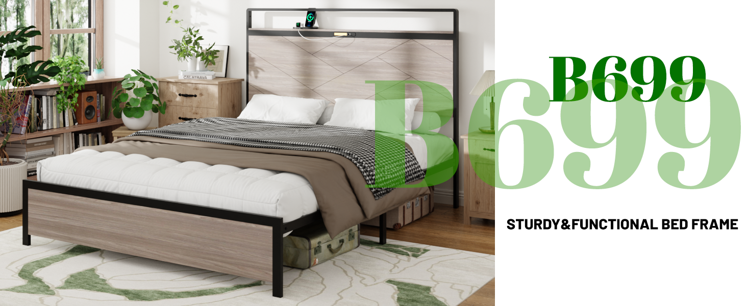 Bed frame full size, wooden platform bed frame with storage LED light headboard and 2 USB, no noise, no spring mattress required and simple assembly tools, large underbed storage, brown