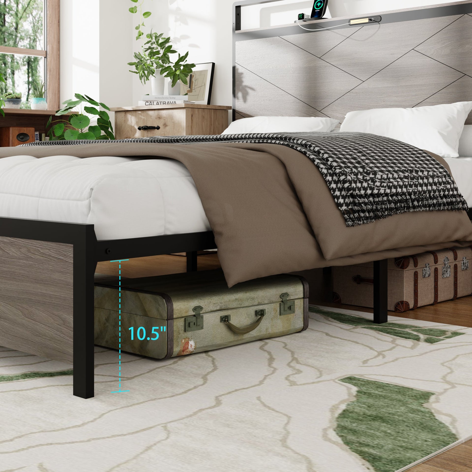 Bed frame full size, wooden platform bed frame with storage LED light headboard and 2 USB, no noise, no spring mattress required and simple assembly tools, large underbed storage, brown