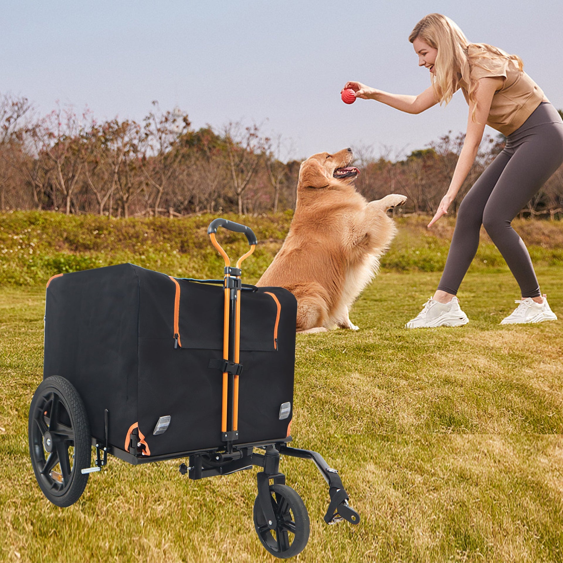 2-in-1 Bike & Pull-Behind Pet Trailer – Convertible Dog/Cat Carrier with Detachable Bike Hitch & Built-in Towing Handle – All-Terrain Wheels for Cycling and Hand-Pulled Transport, Orange and Black