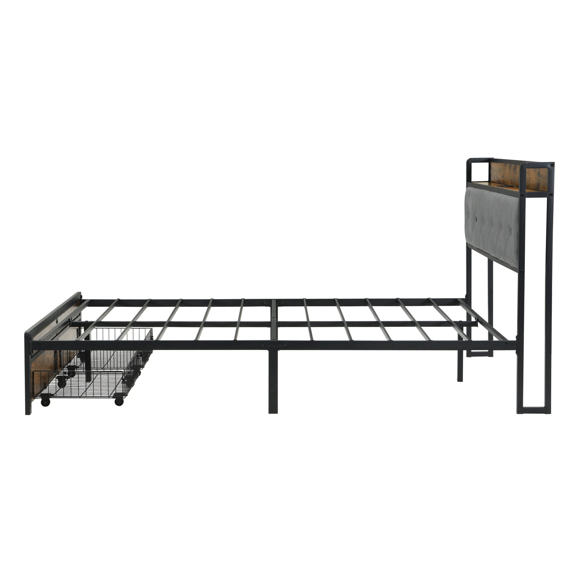 Modern Full Bed Frame with LED Lights, Upholstered Headboard, Storage Drawers, USB Charging, Grey MDF & Iron