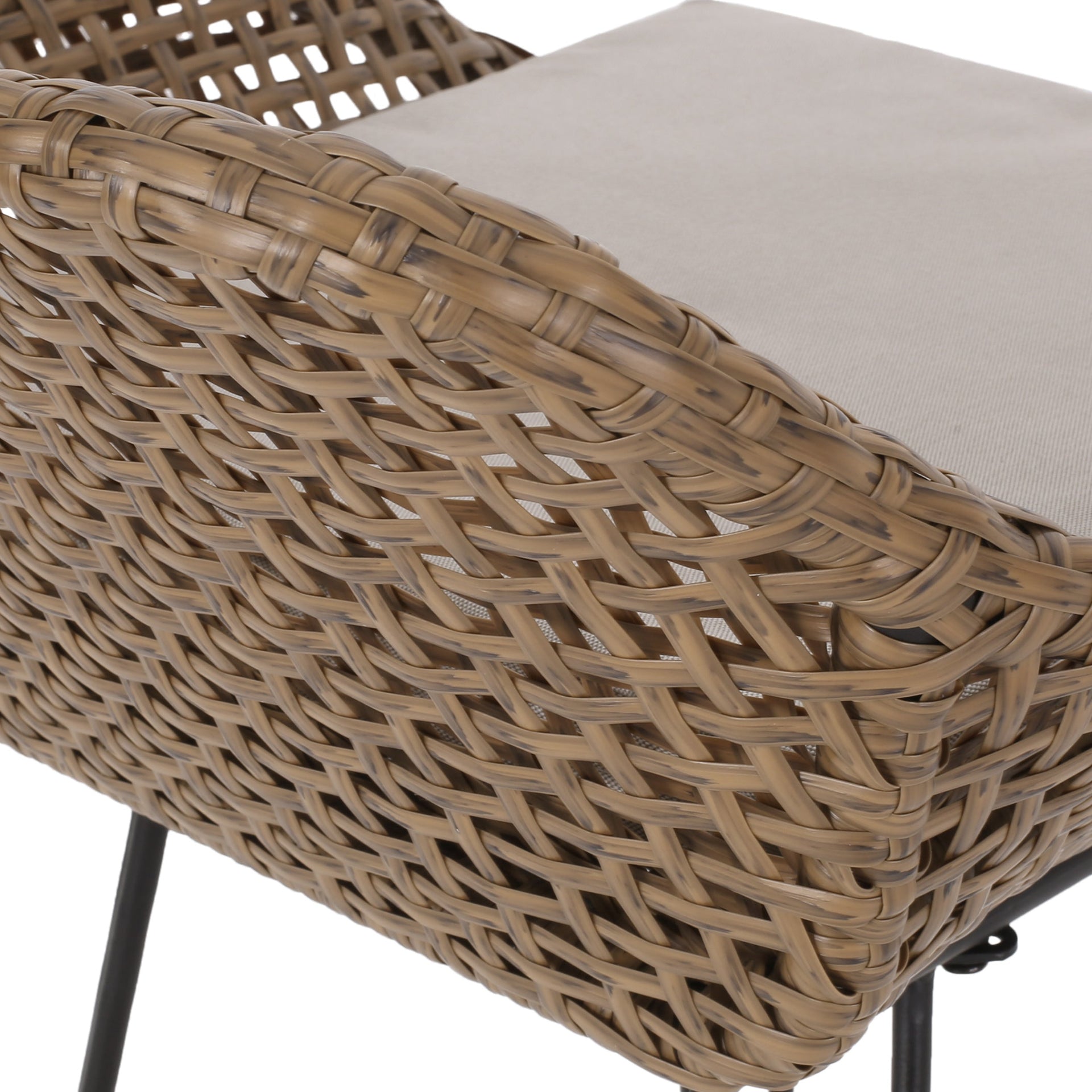 29.25' Outdoor Wicker and Iron Low Back Barstools, Light Brown, with Beige Cushion (Set of 2)