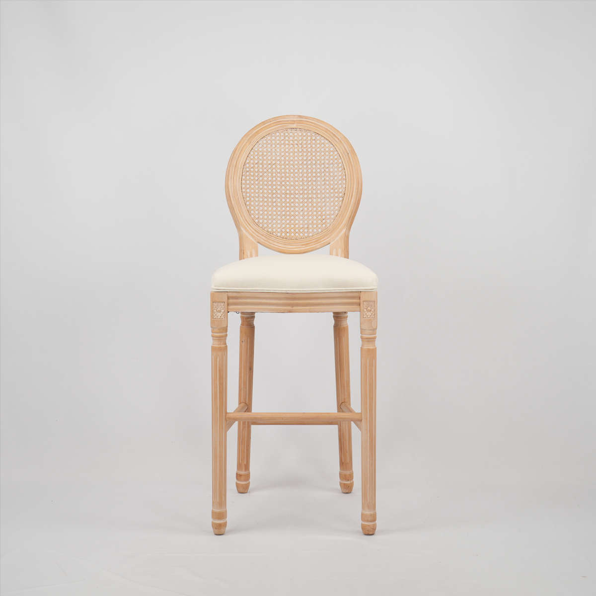 Hengming French Country Wooden Barstools Rattan Back With Upholstered Seating , Beige and Natural