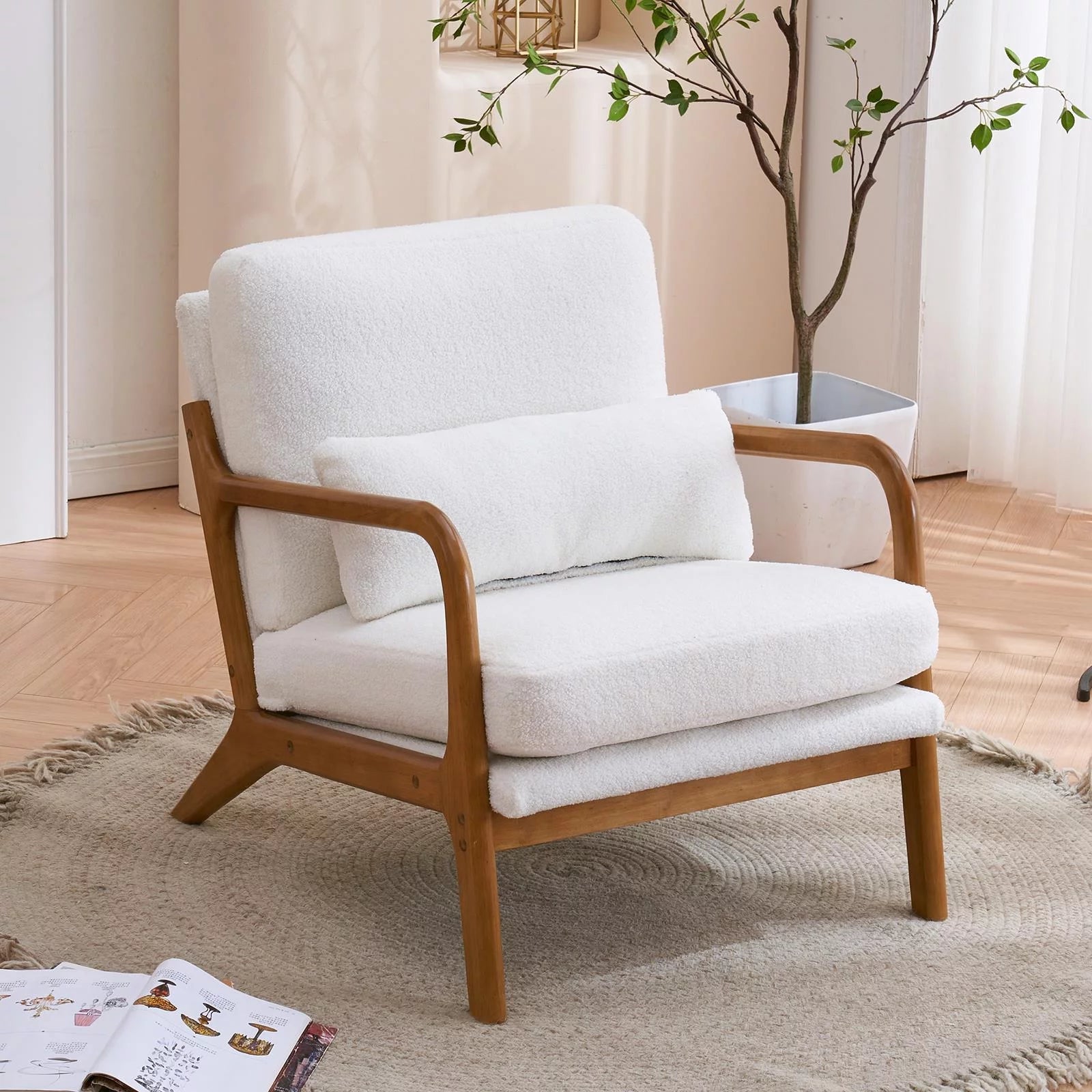 Modern Wood Club Chair Teddy Velvet Fabric Upholstered Reading Accent Chair with Solid Wood Frame Beige
