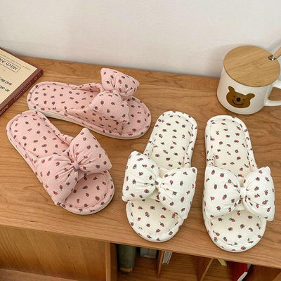Beautiful Bow Flat Lightweight Soft Spring Autumn Women Cotton Shoes Indoor Fluffy Warm Home Comfortable High Quality Slippers Memory Foam Open Toe Slide Slippers Ribbon Strap Slip-On House Shoes