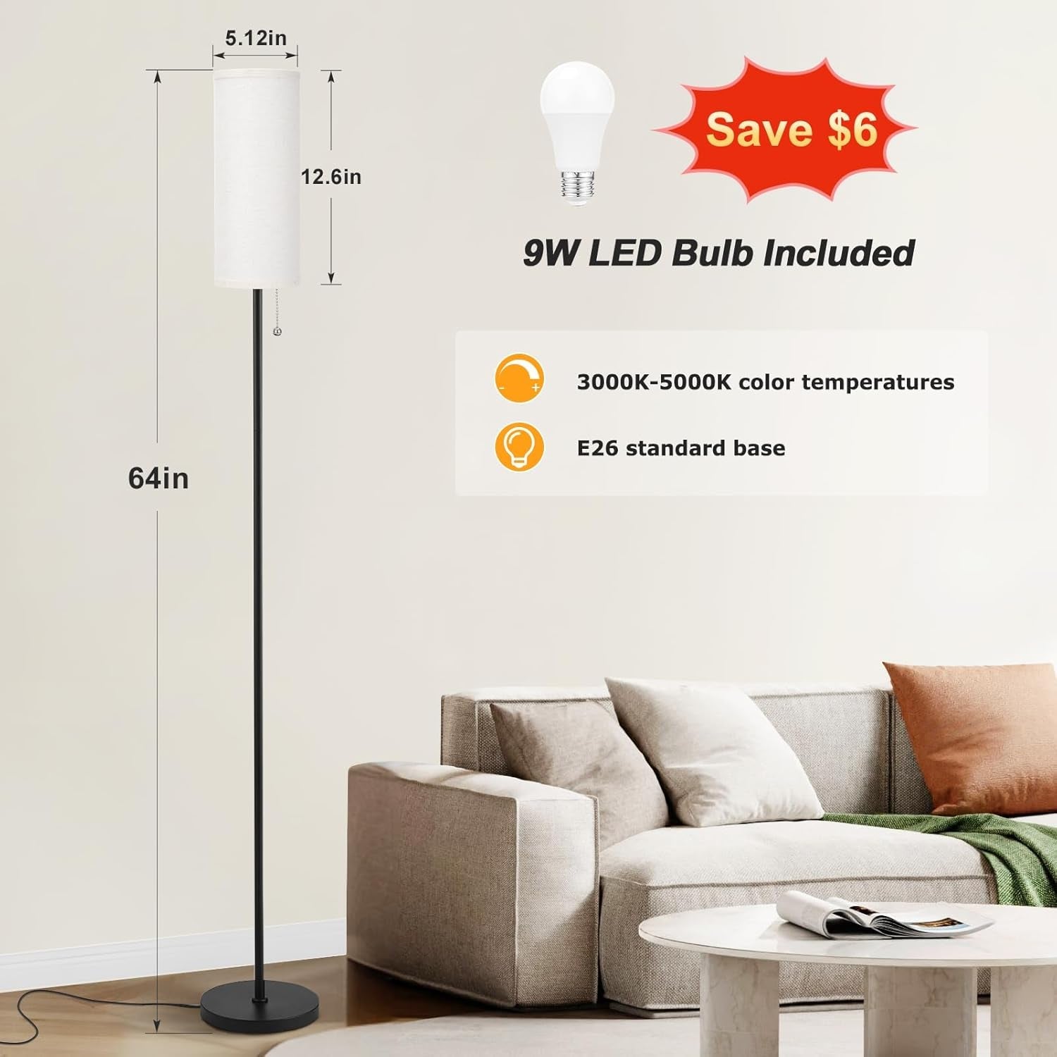 64'' Floor Lamp for Living Room with Bulb - Tall Lamps with Beige Lampshade & Pull Chain Switch, Pole Lamps for Bedrooms Tall, Minimalist Floor Lamp