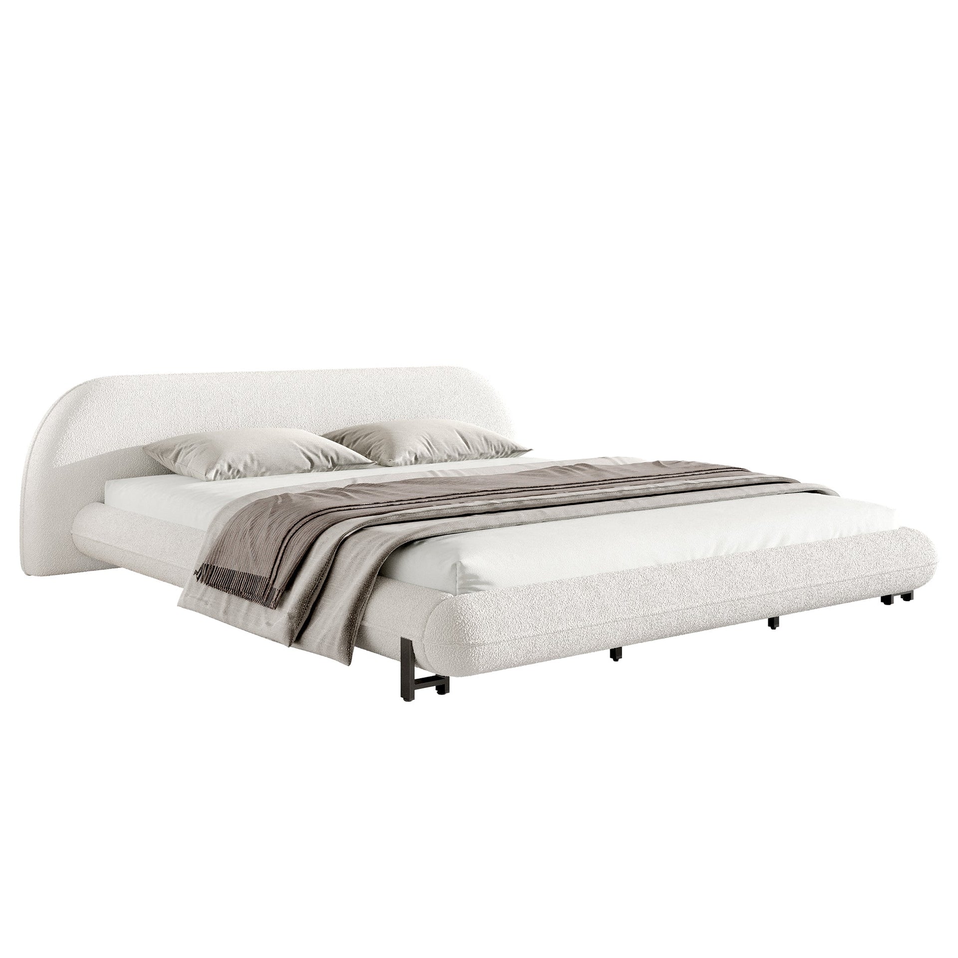King Size Bed Frame with Boucle Fabric, Upholstered Platform Bed with Curve-Shaped Design & Thick Headboard, White
