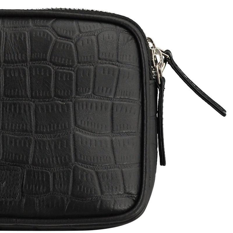 Black Croc Print Leather Crossbody Bag