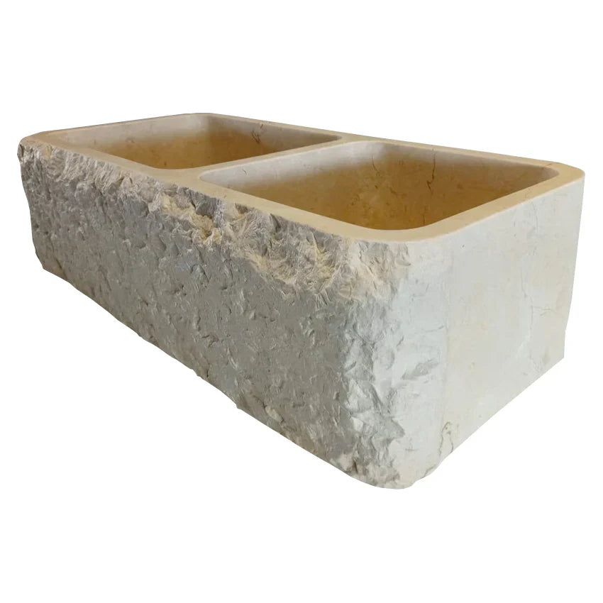 Botticino Beige Marble Farmhouse Apron Kitchen Double Sink (W)16