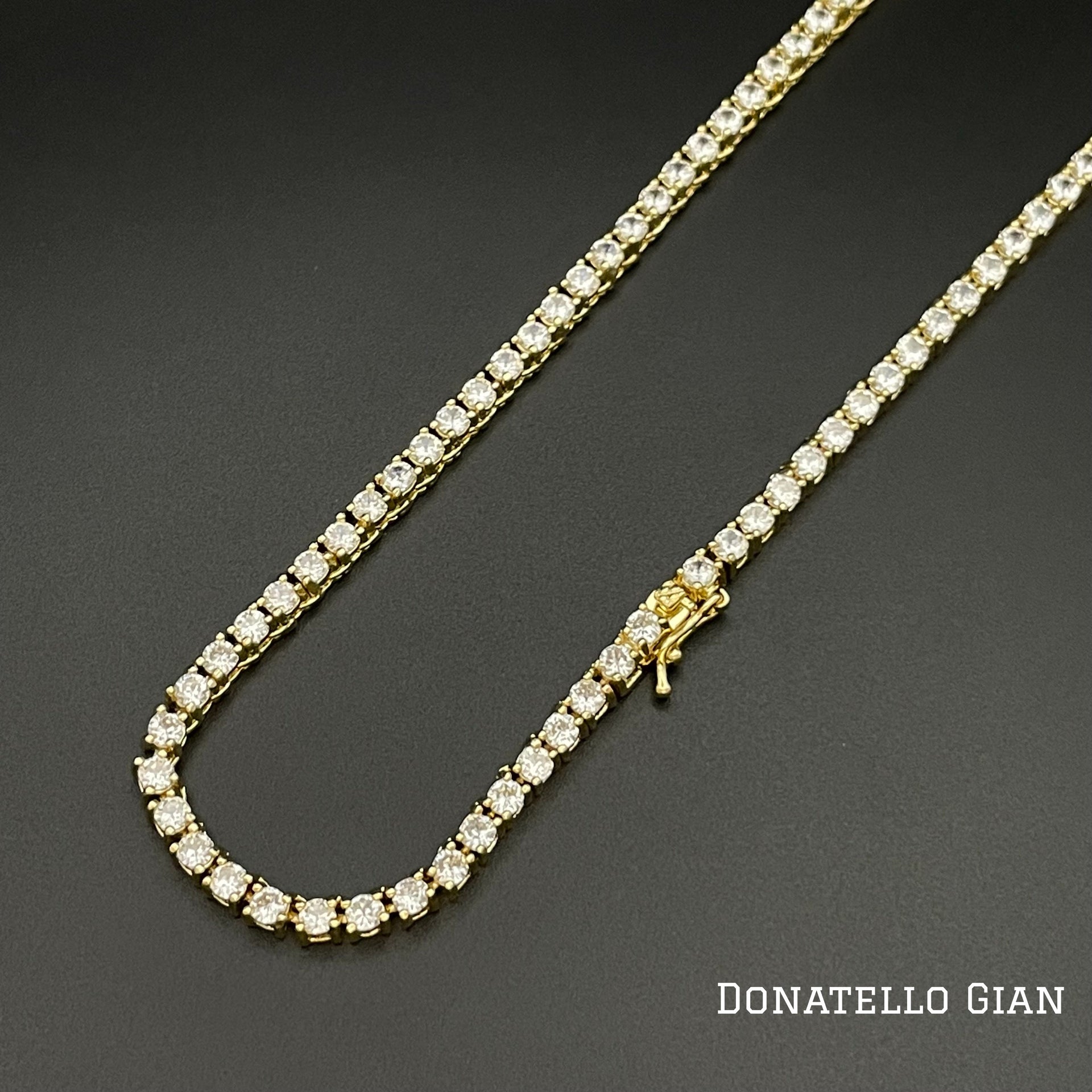 14K Yellow Gold Plated Round Tennis Necklace 3MM, 16 Inch, Crystal Tennis Necklace, Choker Necklace For Men And Women