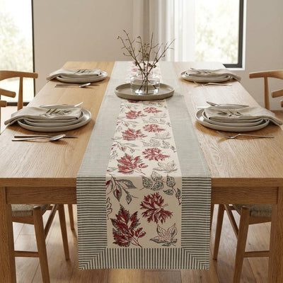 Burgundy & Slate Blue Autumn Leaf Table Linen Set – 13 Piece | Hand Block Printed Cotton | Runner, Placemats & Napkins