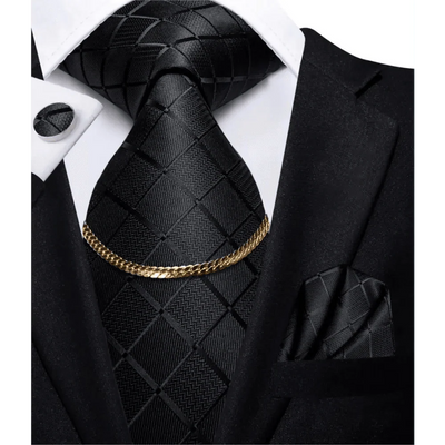 Business Black Silk Necktie Chain Classic Tie Square Handkerchief Elegant Cufflink Wedding Formal Neckties For Men