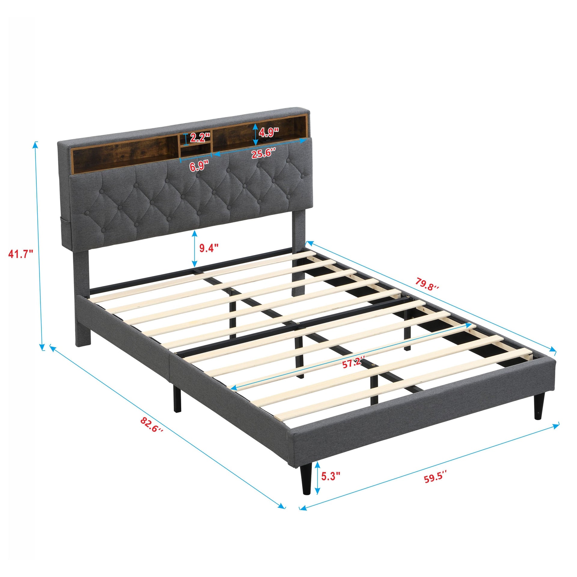 Modern Dark Grey Queen-Size Upholstered Platform Bed Frame with Button-Tufted Linen Headboard and USB Ports