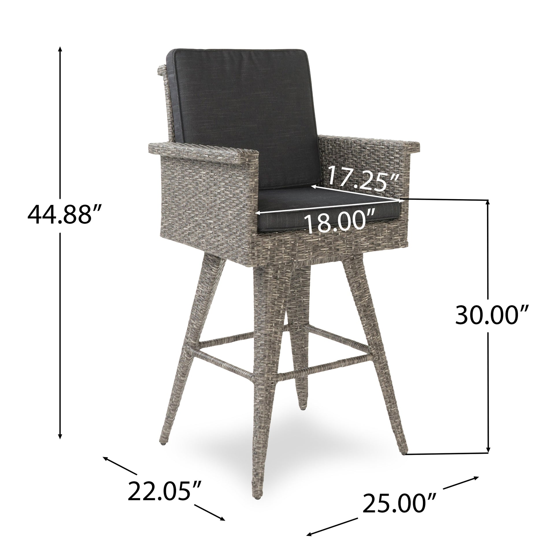 30' Outdoor PE Rattan Swivel Barstool with Water Resistant Cushion, Mixed Black Wicker, Dark Grey Cushion