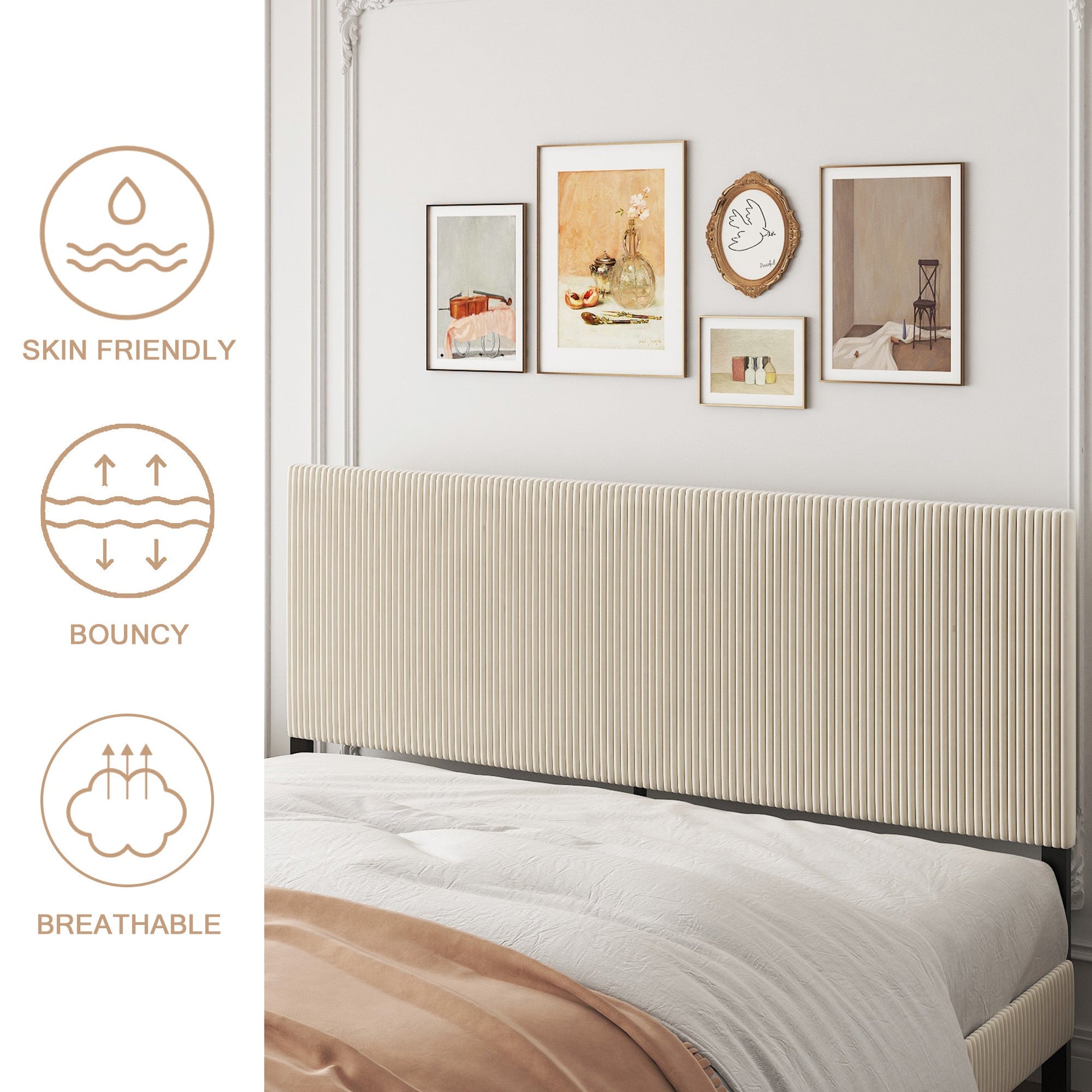 King bed frame with a bandaged headboard is stable and easy to assemble, and the style is simple and elegant,beige