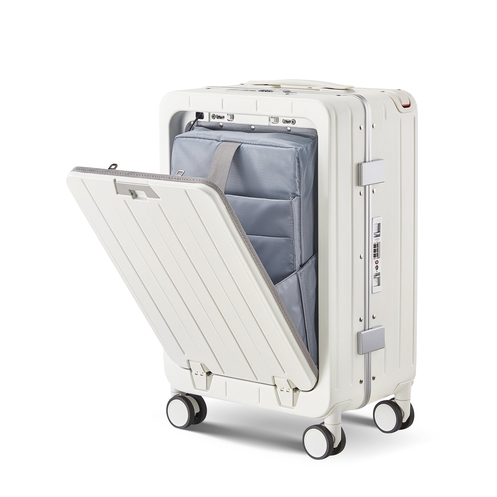 Aluminum Frame 20 Inch with Front Open Carry-on Luggage, PC Hard Shell Suitcase, Bounce Wide Handle Pull Rod Luggage with 360°Double Wheels, Built-In TSA Lock, Airline Approved Suitcase for Business
