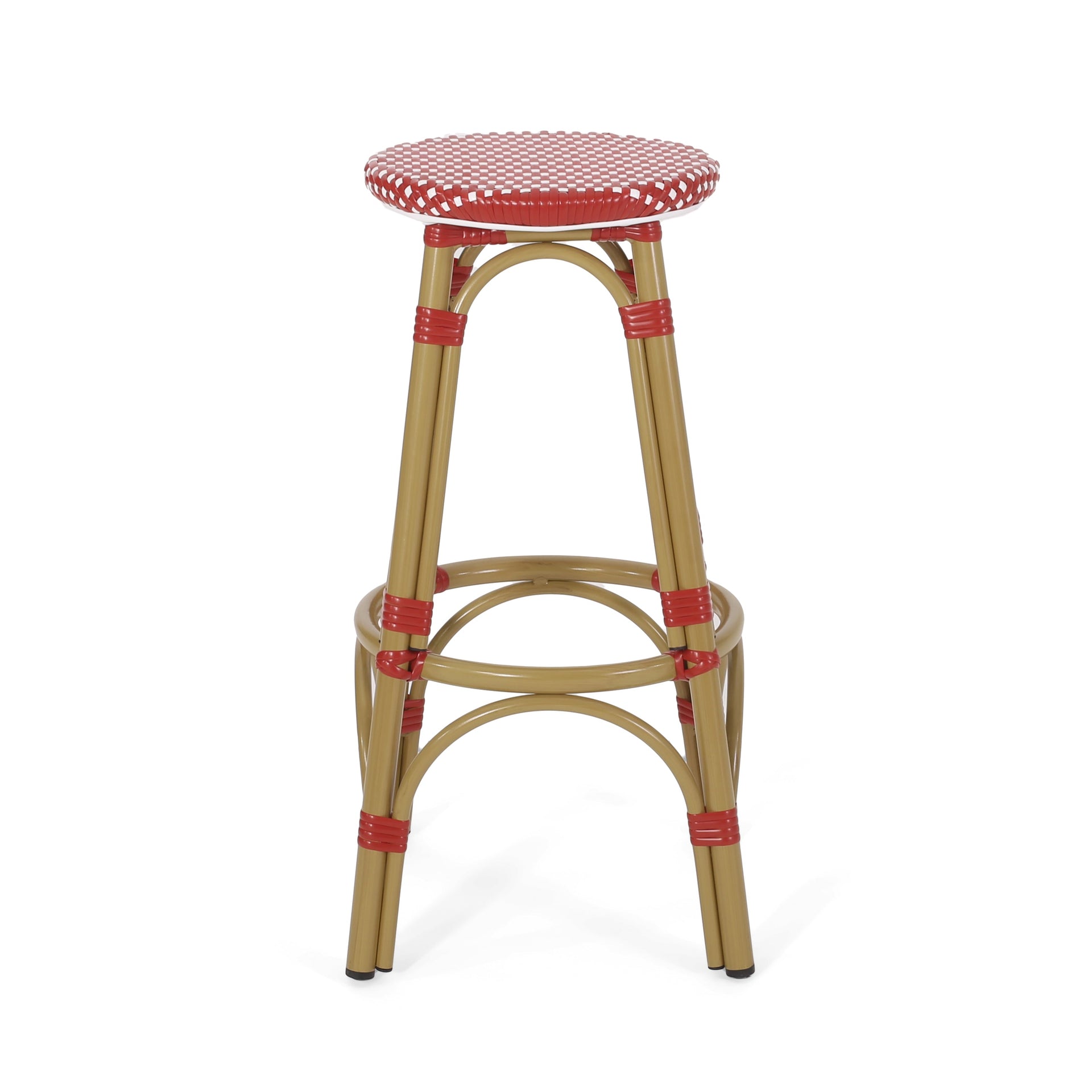 Outdoor PE Ratten and Aluminum 29.5' French Backless Barstools, Set of 2, Red, Bamboo Print Finish