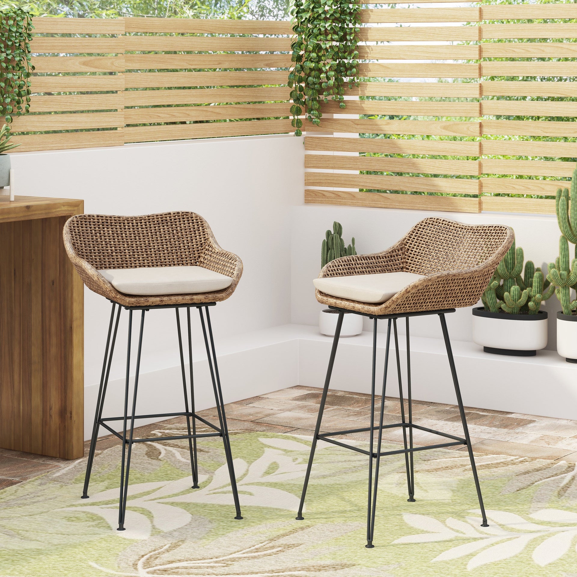 29.25' Outdoor Wicker and Iron Low Back Barstools, Light Brown, with Beige Cushion (Set of 2)