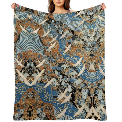 FLYING WHITE CRANES ON BLUE WATER AND SPRING FLOWERS Antique Japanese Floral Throw Blanket
