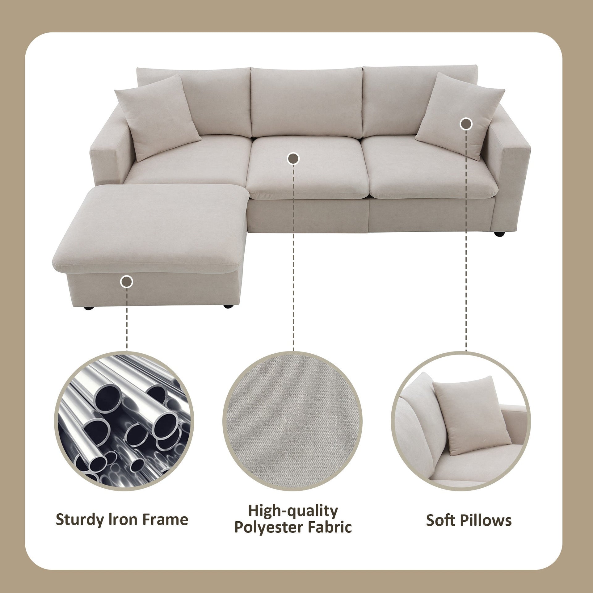 101*66' Modern Sectional Sofa with Throw Pillows,Cloud L-shaped Couch Set with Wide Seat,4 seat Polyester Comfy Fabric Couch Set with Movable Ottoman for Living Room, Apartment, Office,4 Colors
