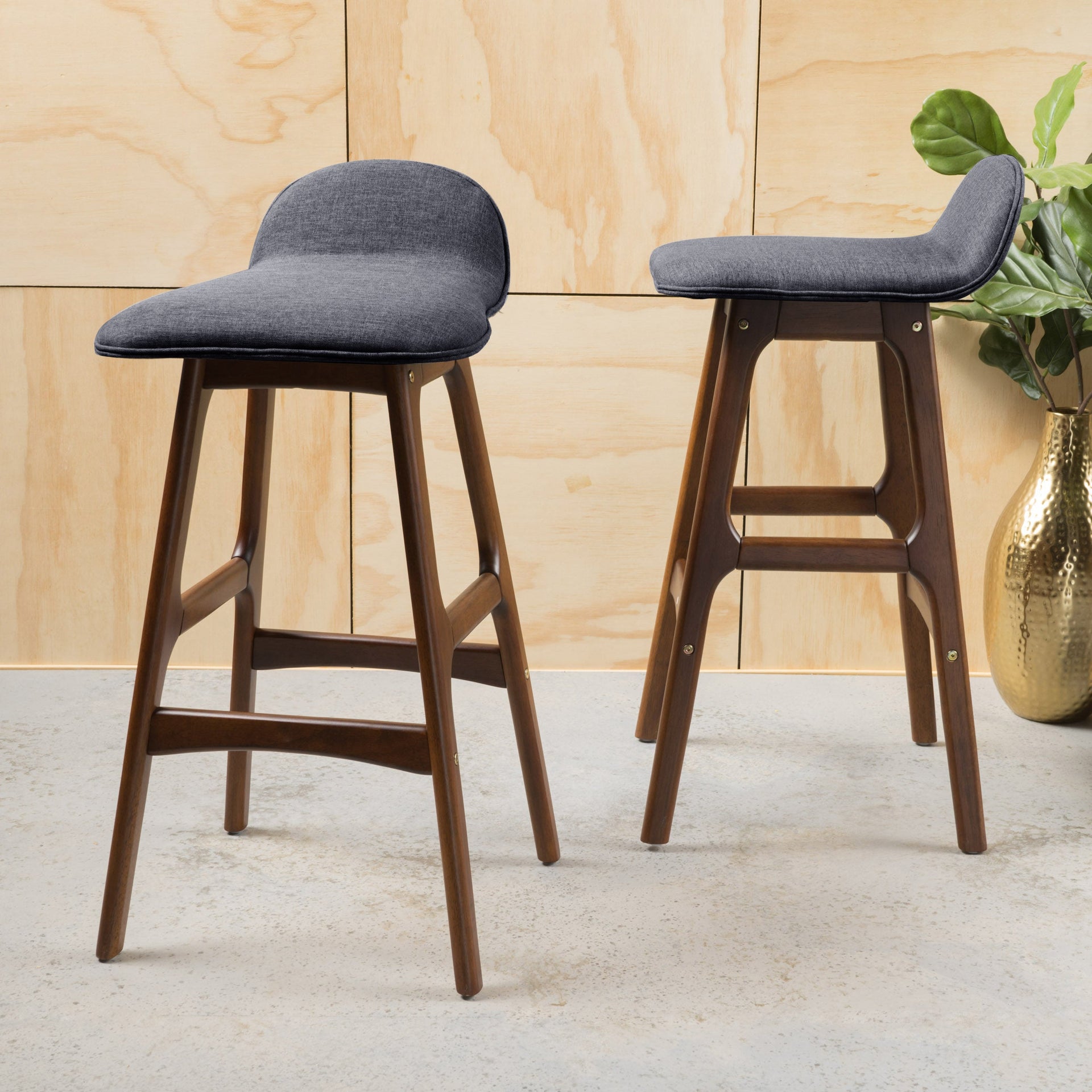 28.5' Mid-Century Modern Upholstered Low Back Barstools (Set of 2), Charcoal, Walnut Finish