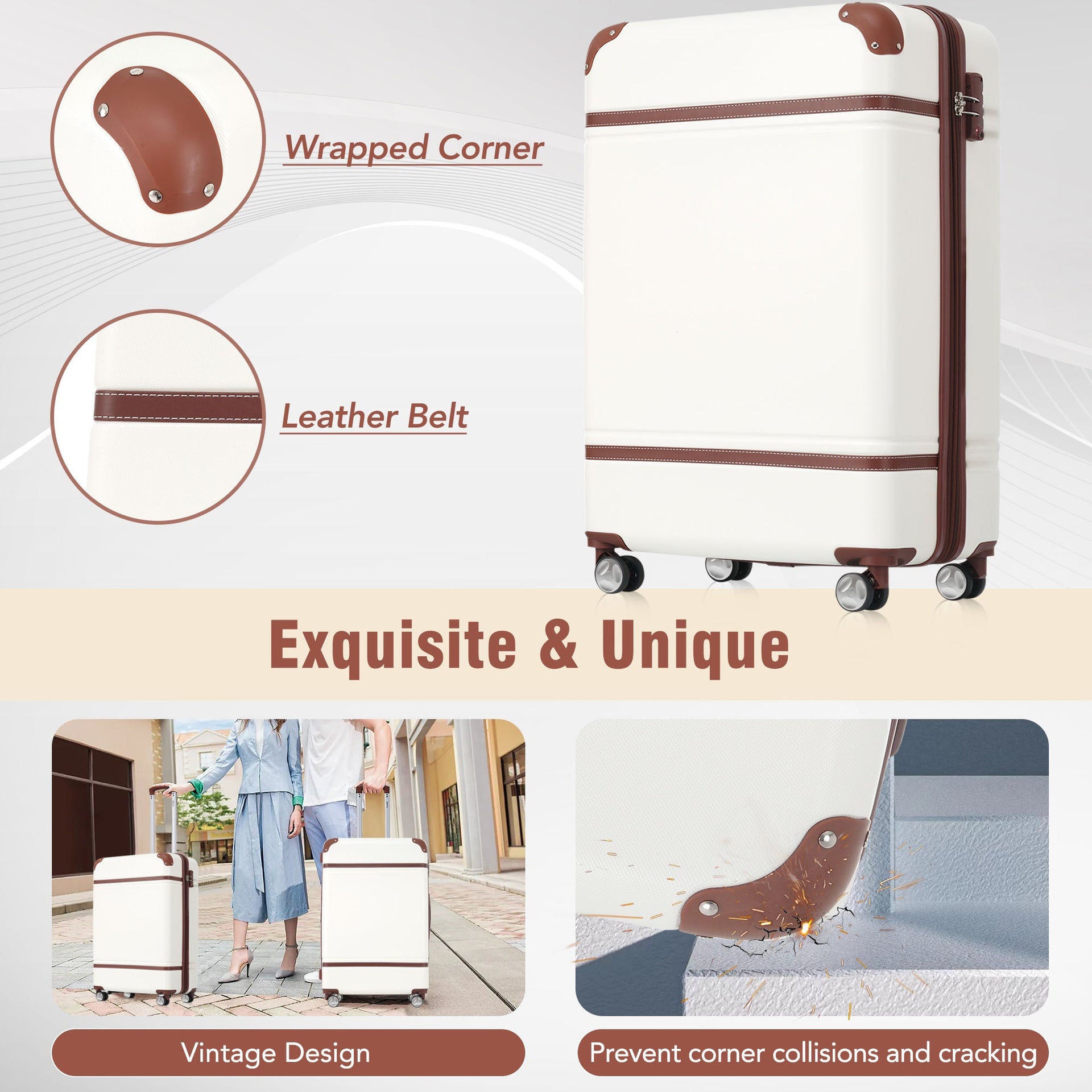 Hardshell Luggage Sets 3 Pieces 20'+28' Luggages and Cosmetic Case Spinner Suitcase with TSA Lock Lightweight,White