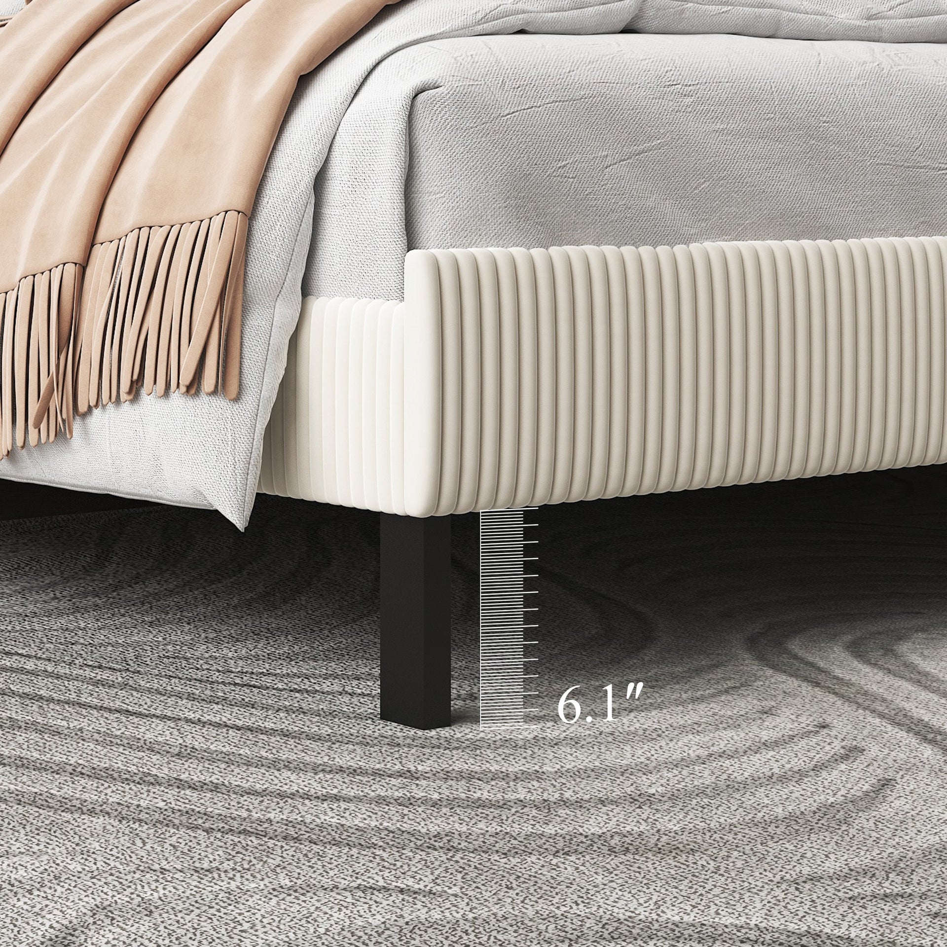 King bed frame with a bandaged headboard is stable and easy to assemble, and the style is simple and elegant,beige