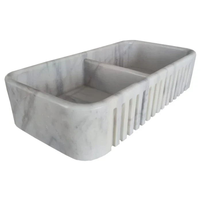 Carrara White Marble Farmhouse Apron Kitchen Double Sink (W)18