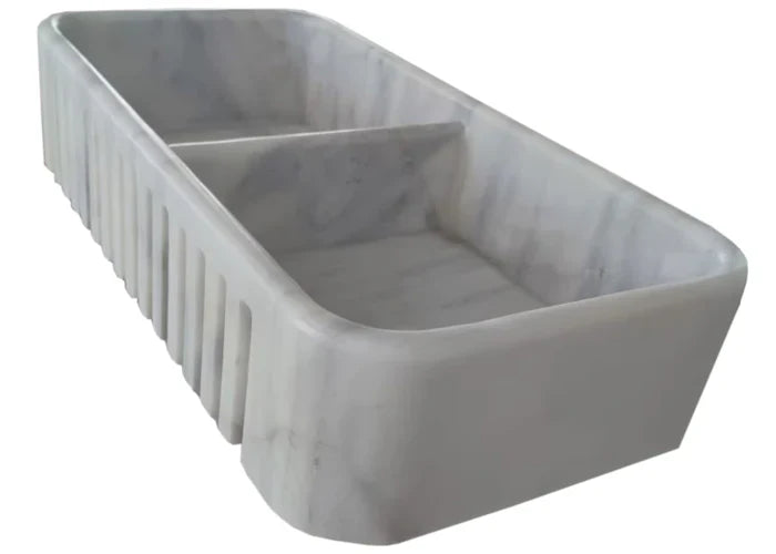 Carrara White Marble Farmhouse Apron Kitchen Double Sink (W)18