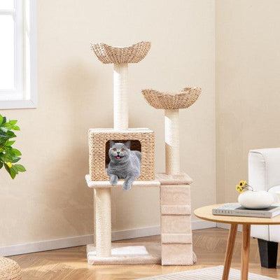 48 Inch Cattail Cat Tower with Sisal Scratching Posts Perch and Condo-Beige
