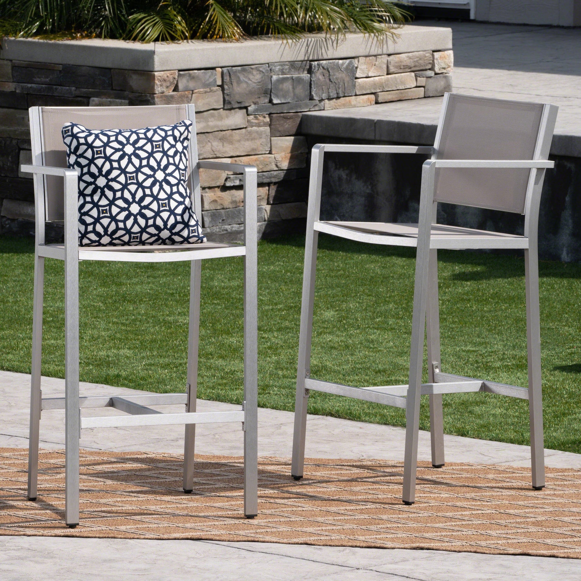 29.5' Outdoor Rust-Proof Aluminum Barstools with Grey Mesh Backrest and Seat, Set of 2