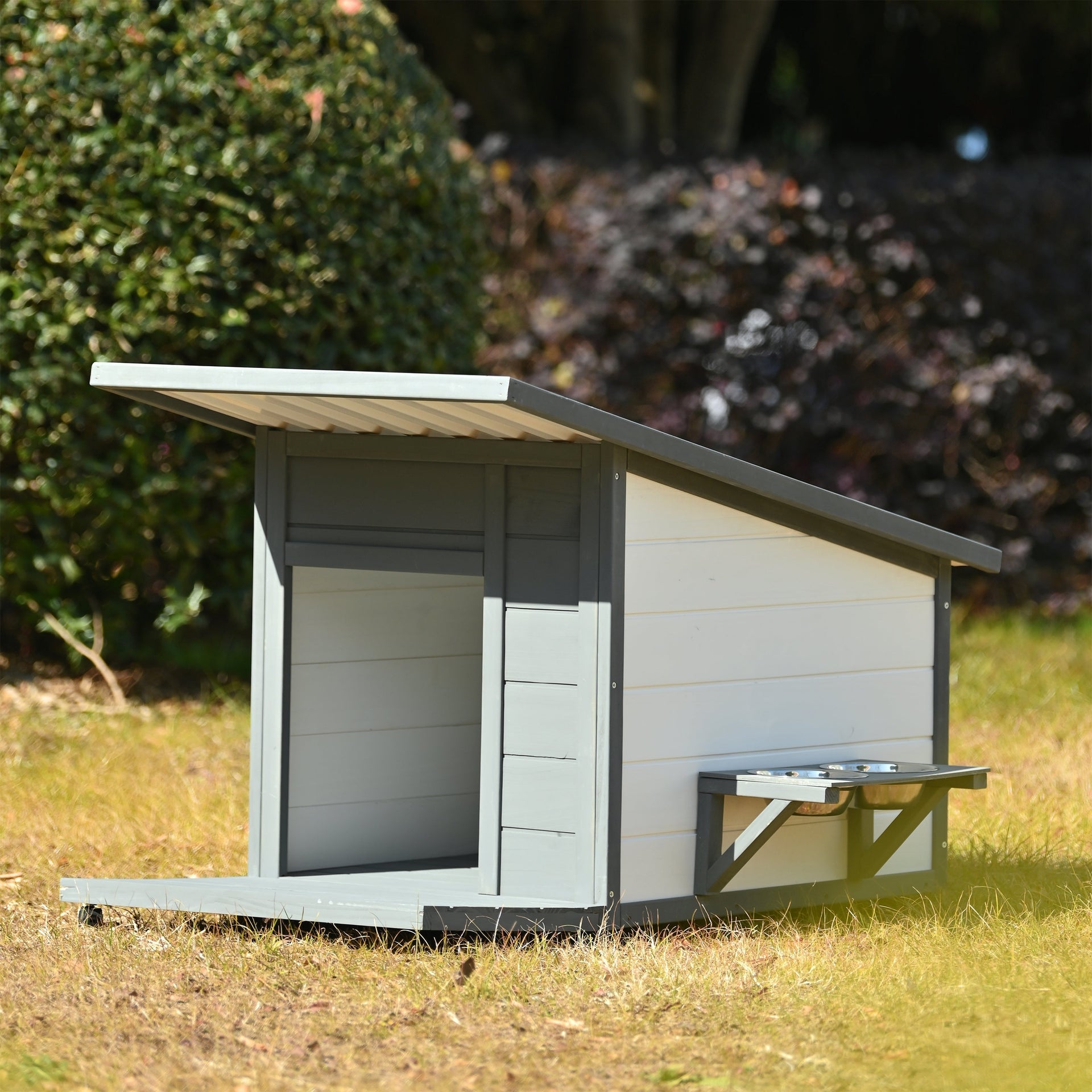 Modern Design Outdoor Dog House with Food Bowl and Wheels, Grey Pine, 44.1 x 22.1 x 28.8 inches